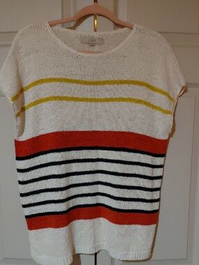 LOFT Cream Knit Short-Sleeve Sweater with Yellow, Orange & Black Stripes